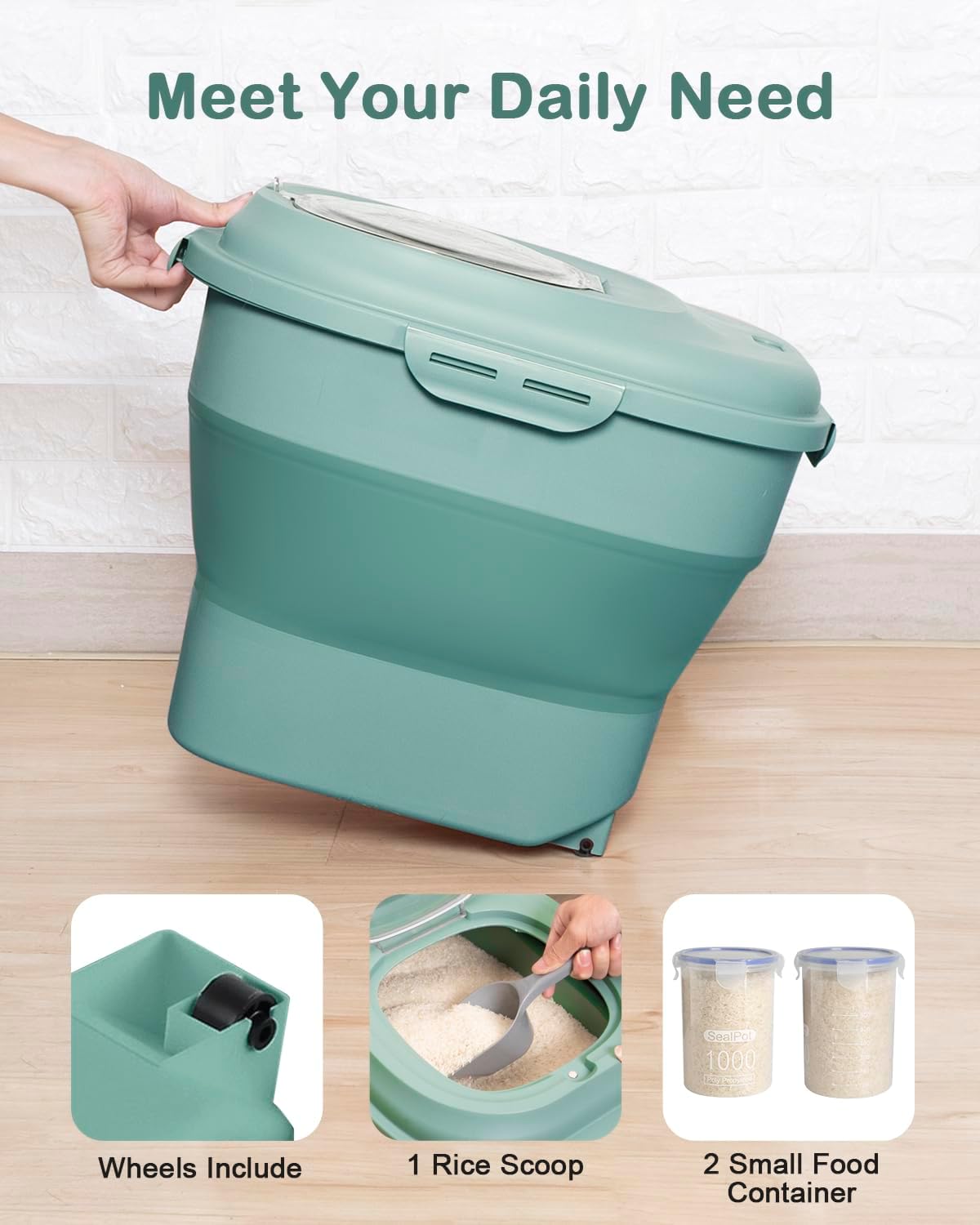 20-30 Lbs Rice Storage Container,Collapsible Food Storage Containers with Rolling Wheel Airtight Locking Lid,Flour Storage Container with Cup and Scoop,Suitable for Food,Rice,Pet Food,Flour