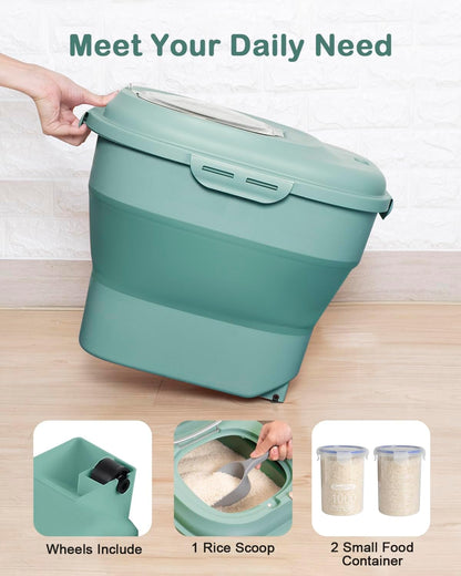 20-30 Lbs Rice Storage Container,Collapsible Food Storage Containers with Rolling Wheel Airtight Locking Lid,Flour Storage Container with Cup and Scoop,Suitable for Food,Rice,Pet Food,Flour