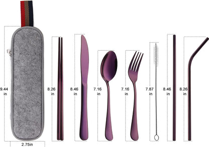 DEVICO Camping Utensils, 8-Piece Full-Size Reusable Silverware for Lunch Adult, Stainless Steel Portable Fork Spoon Knife Set for Work, Travel Cutlery Set with Case and Chopsticks Straws (Rainbow)