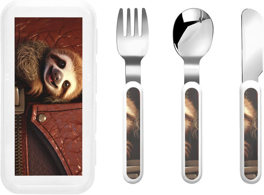 Stainless Steel Kids Silverware Set, Sloth On Zipper Utensil Set Reusable Children Safe Knife Spoon Fork Set With Storage Case Dishwasher Safe For Lunch, Travel Outdoors