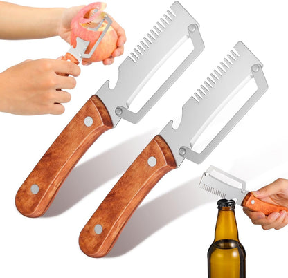 2pcs Multifunctional Vegetable Peeler Shredder, 3-in-1 Stainless Steel Julienne Peeler Tool with Bottle Opener and Non-slip Wooden Handle, Fruit Peeling Knife for Kitchen