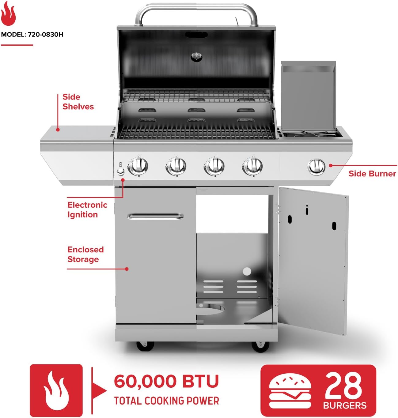 Nexgrill Stainless Steel 3-Burner Propane Gas Grill w/Foldable Side Shelves, 40,500BTUS, 591.05 sq. in. Cooking Area, Perfect for Outdoor Cooking & Grilling, BBQs, Backyard, Tailgating, 720-0830MN