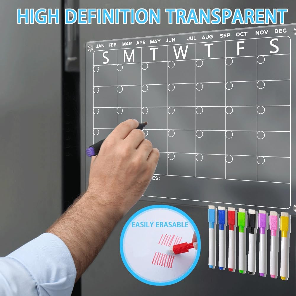 4Pcs Fridge Calendar Set, Clear Magnetic Dry Erase Daily, Weekly, Monthly Planners & Menu Board, w/ 2 Packs of 8 Markers