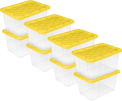 Sterilite 4-Pack 27 Gallon Industrial Storage Tote, Heavy-Duty Plastic Bins, Black/Yellow - Stackable Utility Organizers with Lids for Garage, Camping Tools, and Outdoor Gear