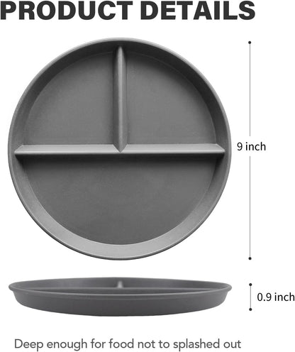 greenandlife 9 Inch 4PCS Portion Control Plates with Lids, Divided Plates for Kids Adults, Dishwasher Microwave Safe Compartment Plate, Unbreakable Lightweight Reusable Wheat Straw Plate, Earth Tone