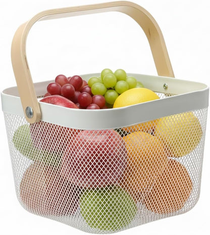 Mesh Steel Storage Organizer Basket Fruit Basket Bin with Wood Handle Ideal for Kitchen Bathroom Picnic Baskets Pantry Cabinets Storage Home Decor (White)