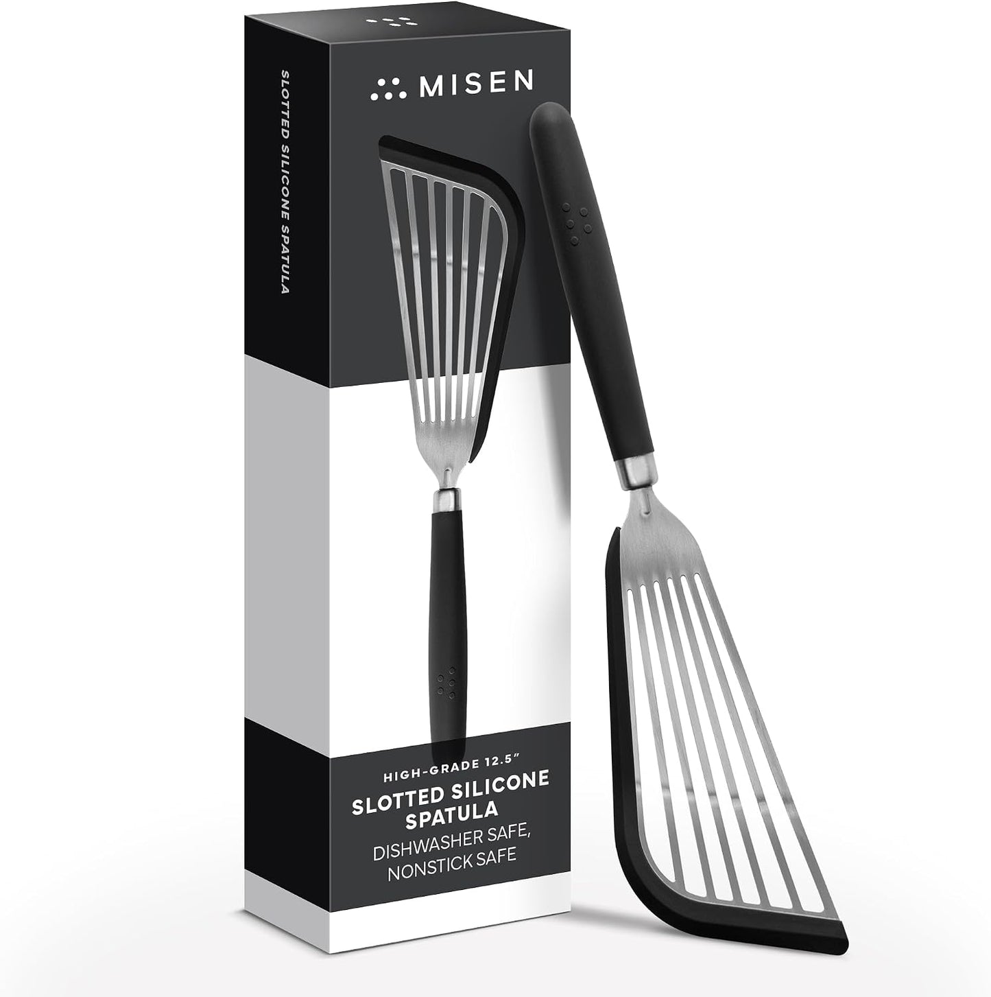 Misen Fish Stainless Steel Spatula - Slotted Turner for Cooking - Perfect for Frying - Heat Resistant - Dishwasher Safe -1mm Thick Flexible Flipper - Soft Silicone Grip Handle for Easy Use