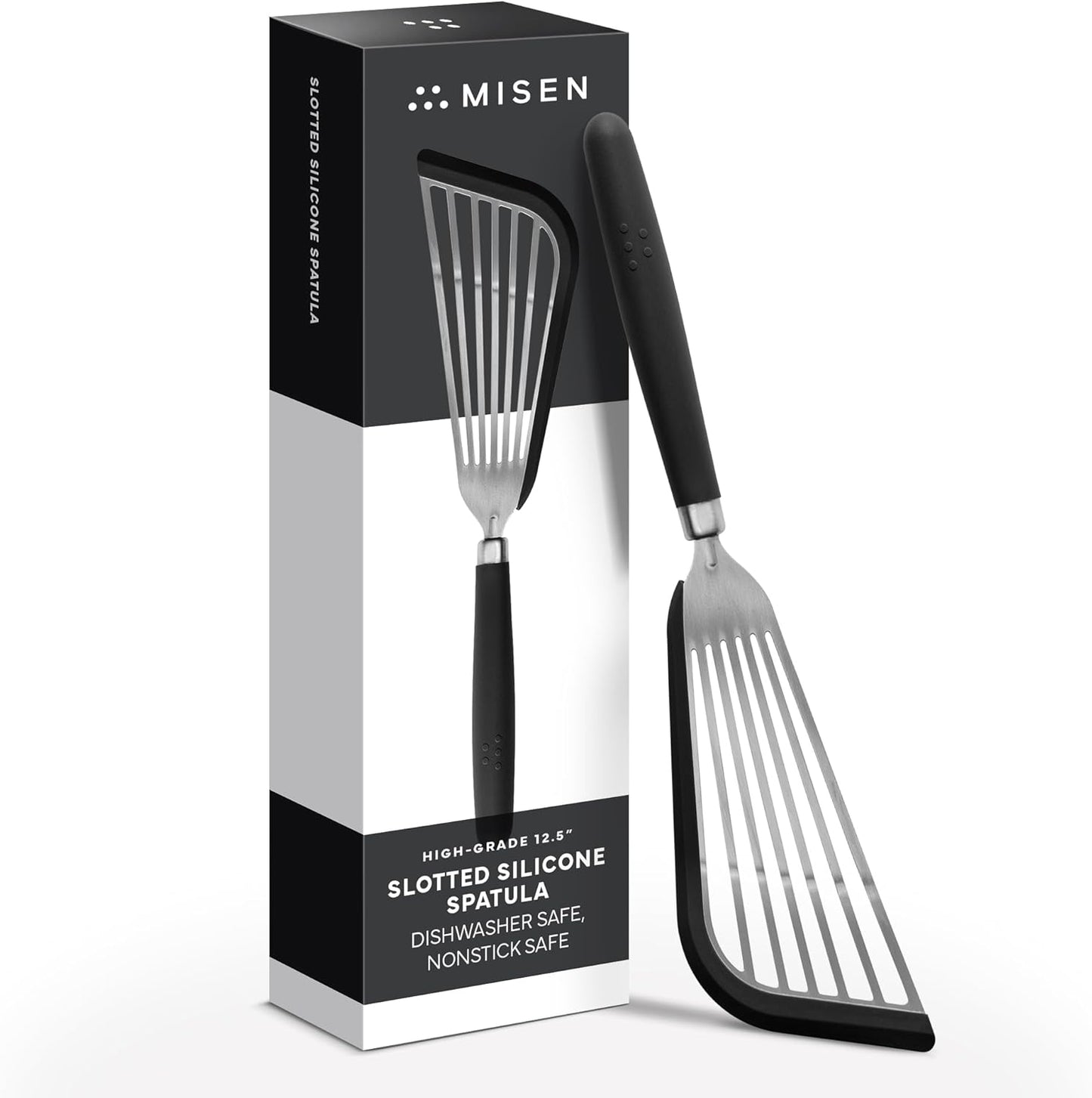 Misen Fish Stainless Steel Spatula - Slotted Turner for Cooking - Perfect for Frying - Heat Resistant - Dishwasher Safe -1mm Thick Flexible Flipper - Soft Silicone Grip Handle for Easy Use