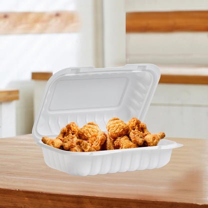 Food Containers 7.8" 30 oz 65 Pack - BPA Free Mineral Filled PP Plastic | 3 Compartment Shrink Wrap Clamshell Stackable | Reusable Freezer & Microwave Safe | White Commercial Takeout Boxes