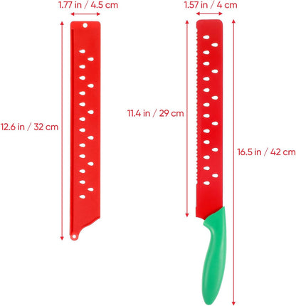 Watermelon Knife with Sleeve for Melon Cutting, Long Serrated Bread Lettuce Vegetable Knife, Kitchen Fruit Melon Tomato Cutter Slicer, with Cover for Home Summer Party Camping Outdoor (Red Green)