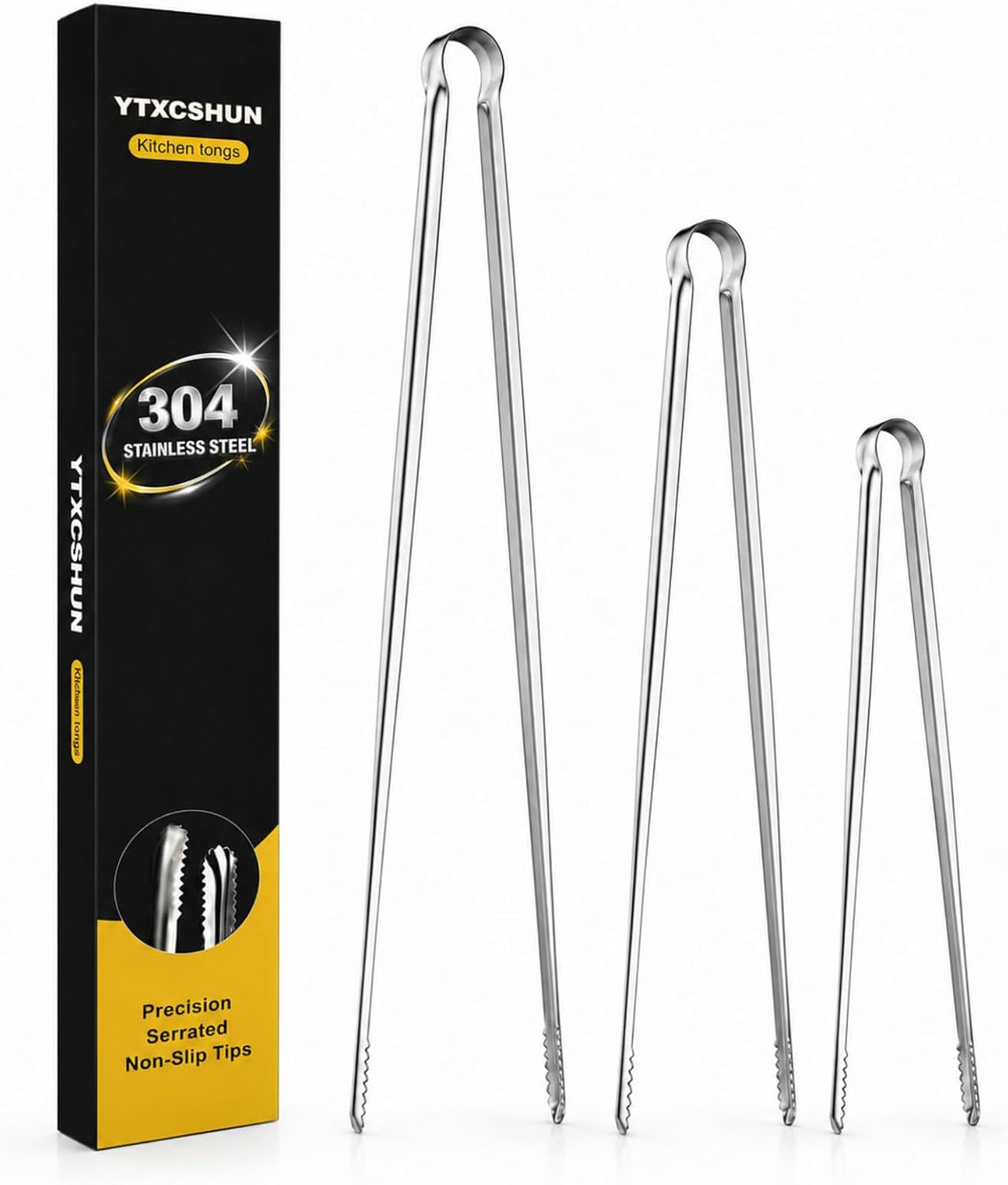 Tongs for Cooking, Long Kitchen Tweezers Set of 3, 18/8 Stainless Steel KitchenTongs with Precision Serrated Non-Slip Tips, Lightweight Durable Tweezer for Frying, Plating & BBQ(9.5"+11.5"+13.5")