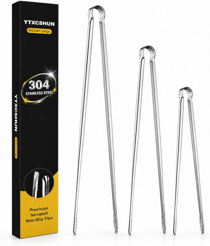 Tongs for Cooking, Long Kitchen Tweezers Set of 3, 18/8 Stainless Steel KitchenTongs with Precision Serrated Non-Slip Tips, Lightweight Durable Tweezer for Frying, Plating & BBQ(9.5"+11.5"+13.5")