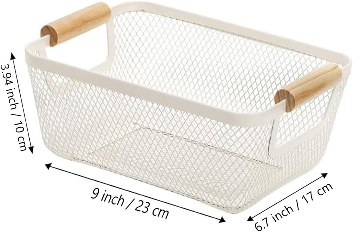 AJIODA Metal Mesh Steel Basket, Large Wire Storage Organizer Basket Multi-function Hanging Kitchen Baskets with Wood Handle for Kitchen Bathroom Picnic Home, Rectangle-Off White