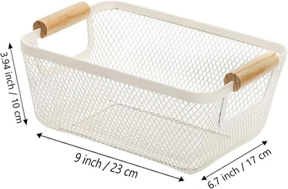 AJIODA Metal Mesh Steel Basket, Large Wire Storage Organizer Basket Multi-function Hanging Kitchen Baskets with Wood Handle for Kitchen Bathroom Picnic Home, Rectangle-Off White