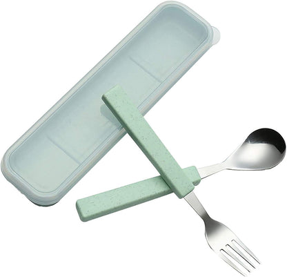 VANRA 2-Piece Children Flatware Set 18/10 Stainless Steel Child Tableware Set Silver Cutlery Set Silverware Dinner Utensils Spoon Fork Set with Travel Case for Kids (Chrome Finished) (Blue)