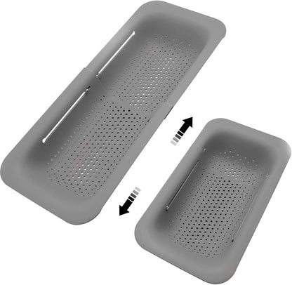 KesaPlan Collapsible Sink Colanders and Strainers Basket Over the Colander Extendable Plastic Fruit Vegetable Strainer Drainer for Kitchen(Length 14.3-19.4 inch)(Gray Set of 2)