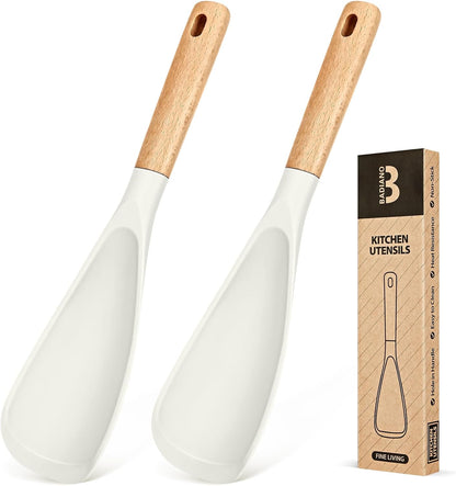 Cooking Spoon for Nonstick Cookwares, Great for Cooking and Serving Sturdy BPA-Free Matte Silicone, Wood Handle Spoon for Mixing, Scoop, and Scrape (Black & Grey, 11.4 inch)