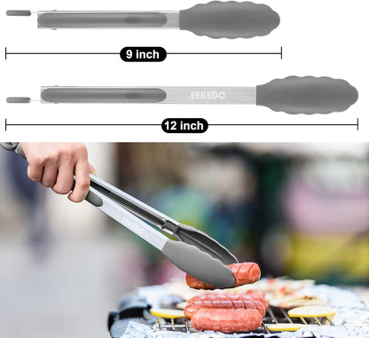 Kitchen Tongs, Stainless Steel Cooking Tongs with Silicone Tips, 600ºF High Heat-Resistant Non Scratch Locking Tongs for Cooking BBQ Grilling Air Fryer Pans, Set of 3 (7" 9" and 12") Black