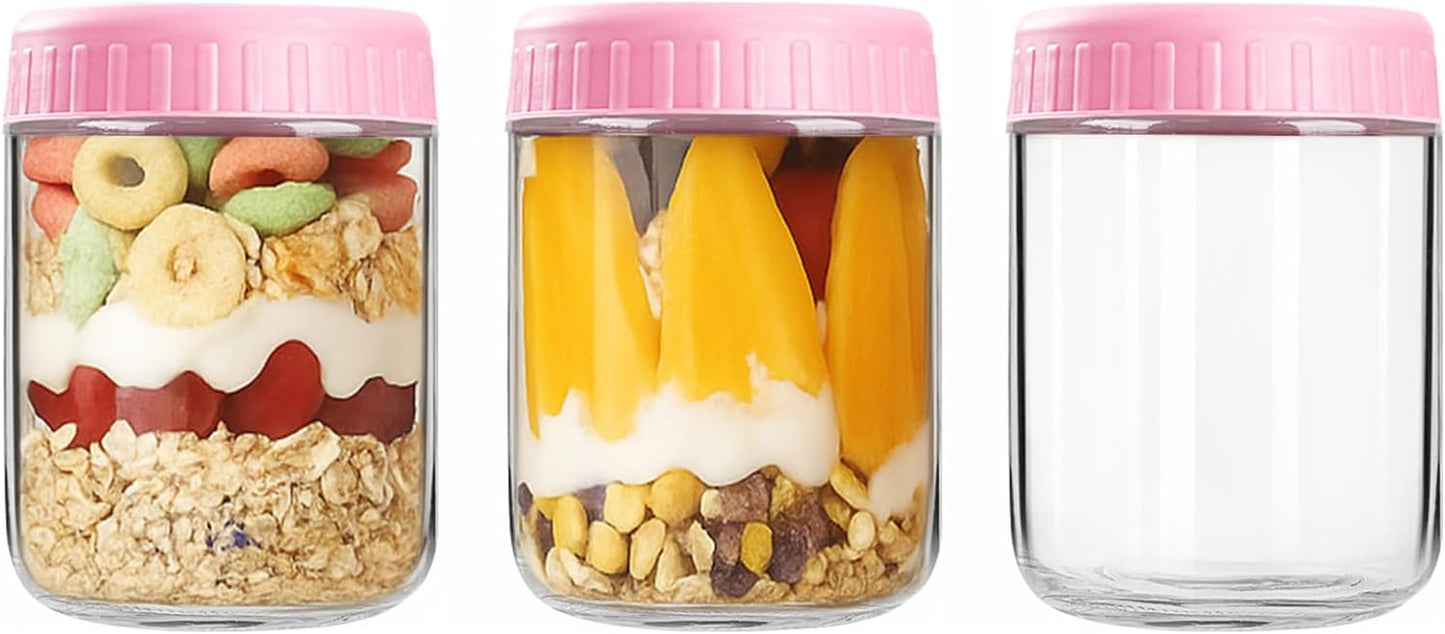 Overnight Oats Containers with Lids, 10oz Wide Mouth Mason Jars with Lids, 9 Pack Glass Jars with Airtight lid for Chia Pudding Yogurt Salad, Meal Prer Oatmeal Jars, Pink