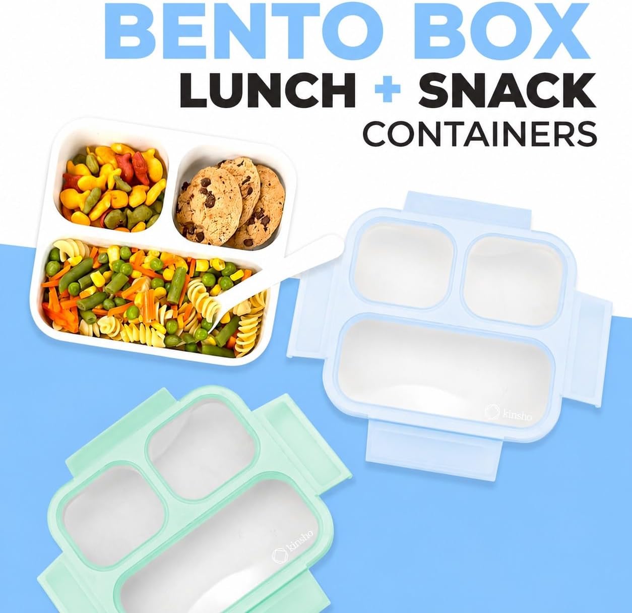 kinsho Medium Bento Boxes for Kids, Lunch Box for Boys Girls Toddler Adults, Leak-Proof 3 Compartment Containers for Meal or Snack at School Daycare Work Travel, BPA Free 2 Pack (Pastel Blue + Pink)