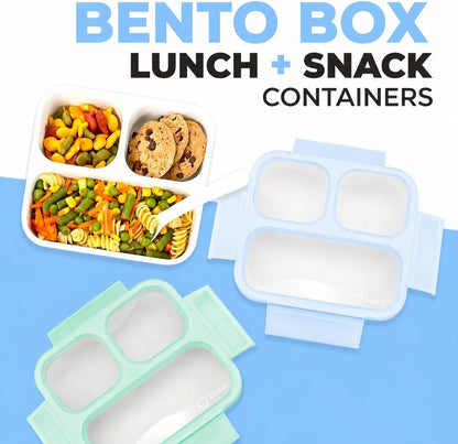 kinsho Medium Bento Boxes for Kids, Lunch Box for Boys Girls Toddler Adults, Leak-Proof 3 Compartment Containers for Meal or Snack at School Daycare Work Travel, BPA Free 2 Pack (Pastel Blue + Pink)