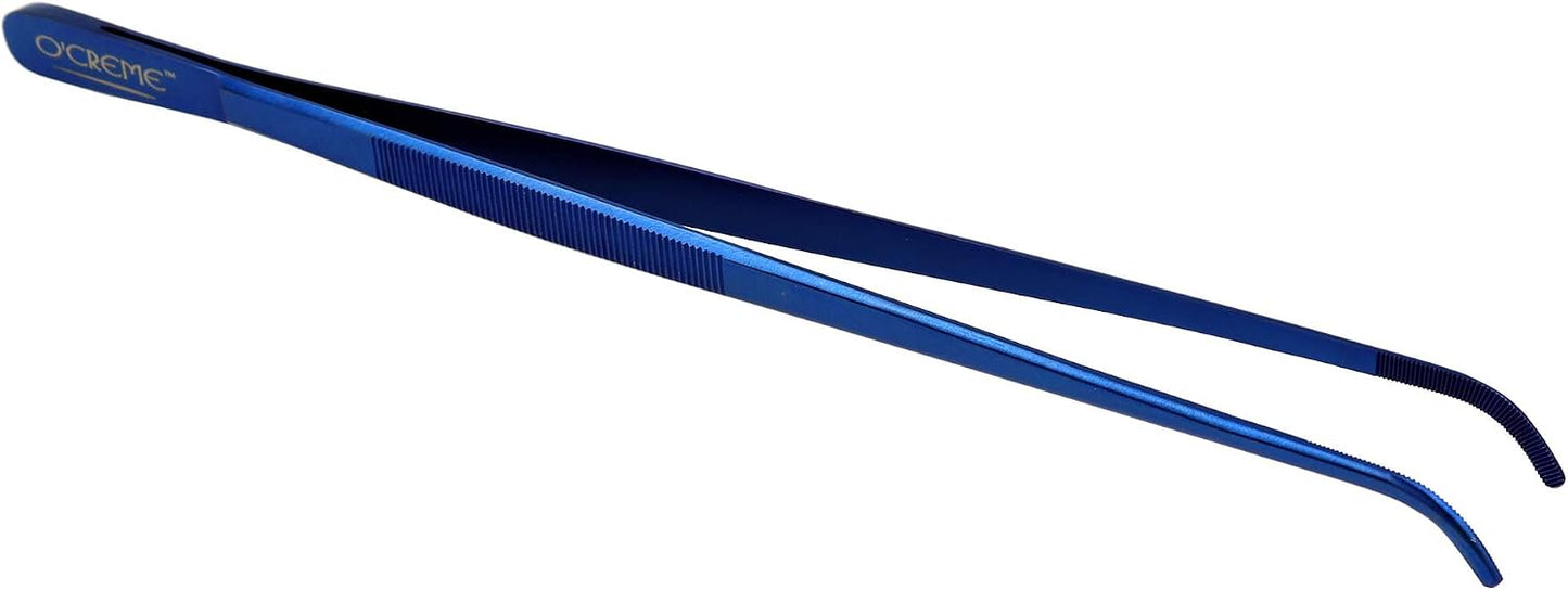 O'Creme Stainless Steel Precision Kitchen Tweezer Tongs with Serrated Tips for Gripping (10" Curved, Silver)