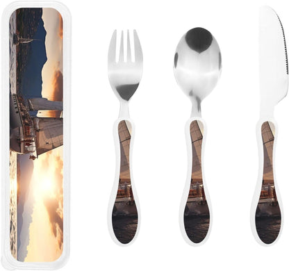 3-Piece Kids Silverware Set With Storage Case, Stainless Steel Reusable Children Safe Knife Spoon Fork Set Elephant Pattern Children Flatware Set For Kids Lunch Box