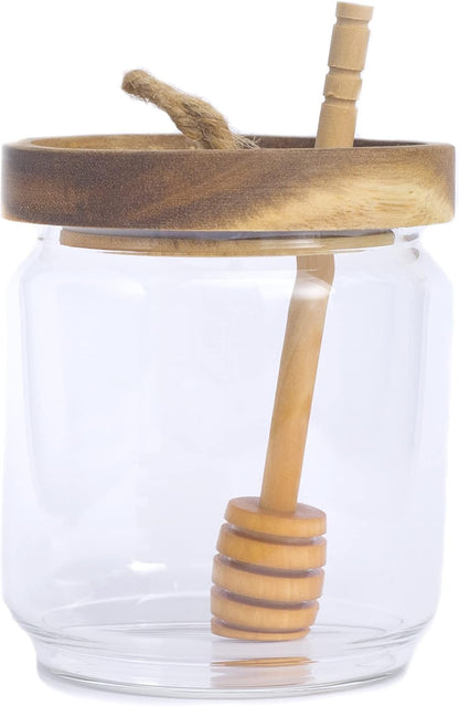 Honey Jar Pot Glass Holder Dispenser Set with Wooden Dipper Stick and Acacia Lid Cover - 14 Oz Honey Jar with Dipper and Lid - Modern Glass Honey Dispenser & Honey Drizzler for Home Kitchen Decor