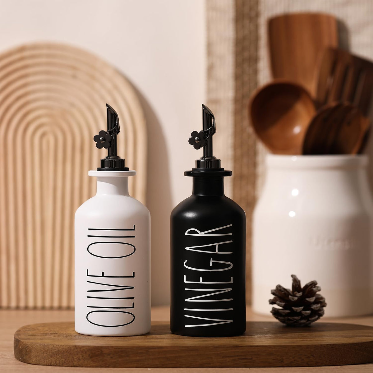 HOMCDALY Premium Olive Oil Dispenser for Kitchen, 11.8oz Glass Oil Bottles with Bamboo Tray, White Oil&Vinegar Cruet Set, Kitchen Dispenser Bottles with Pourer| Set of 2 (11.8oz –P–White)