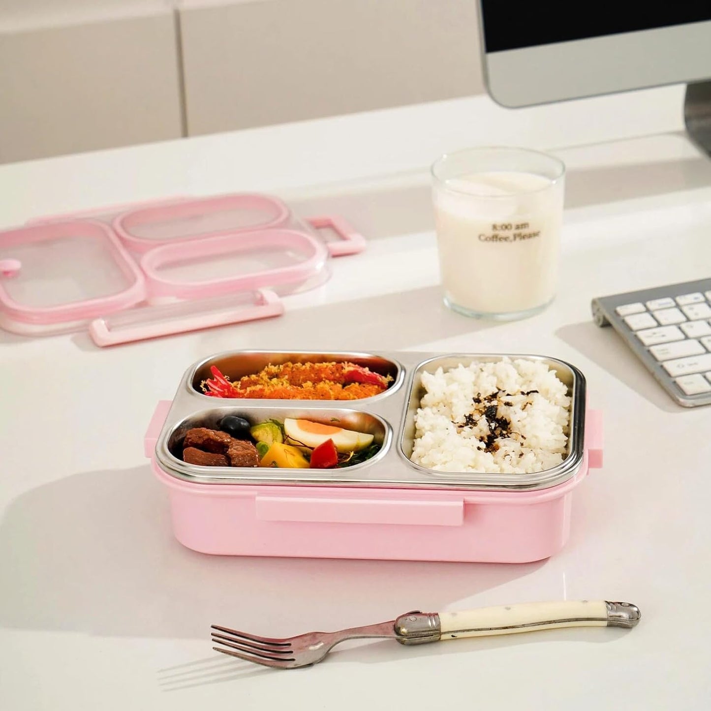 Stainless Steel Bento Box for Kids, 3-Compartment Leakproof Lunch Box with Lid, Toddler Food Container for School, Microwave Safe, Dishwasher Safe, BPA Free, 25oz(green)