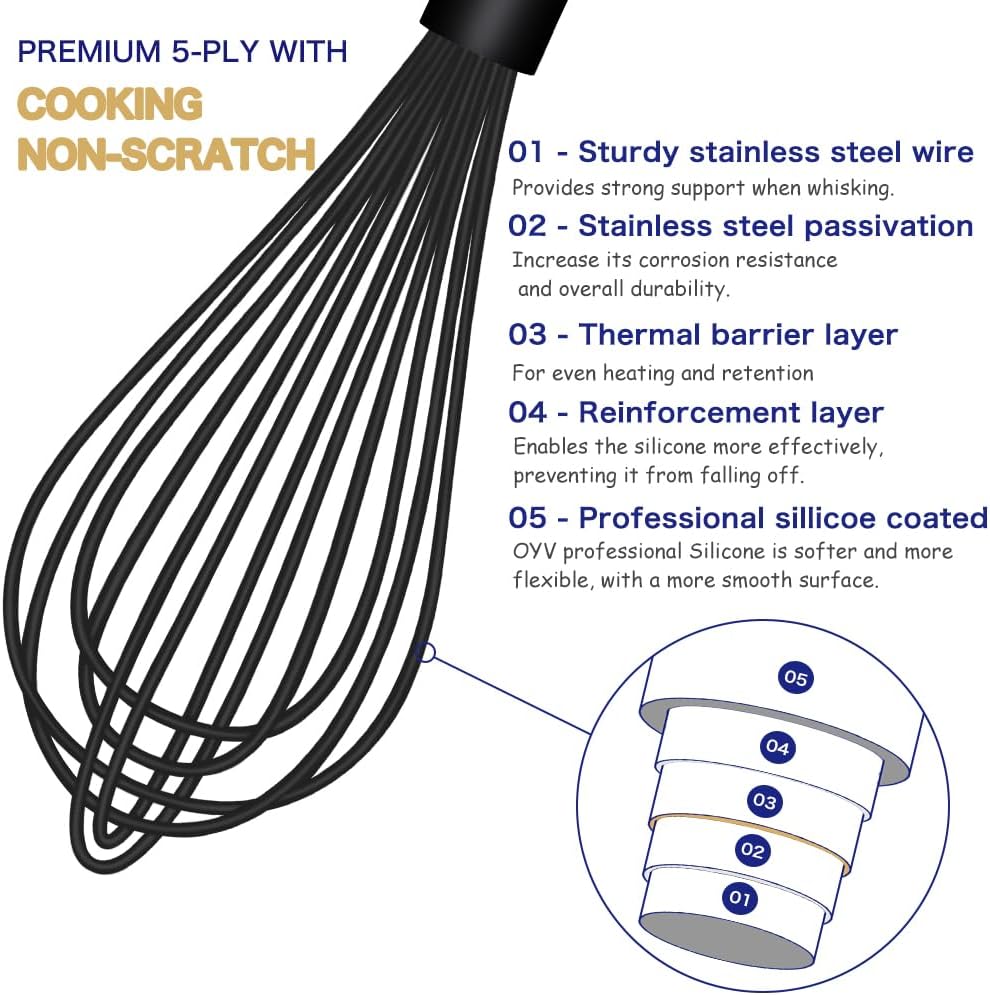OYV Dishwasher Safe Silicone Whisk, Sealed Waterproof Design Set of 3, Professional Kitchen Whisks for Cooking Non-Scratch, Silicone & Stainless Steel Whisk, Heat Resistant Balloon Egg Beater, Black