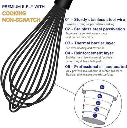 OYV Dishwasher Safe Silicone Whisk, Sealed Waterproof Design Set of 3, Professional Kitchen Whisks for Cooking Non-Scratch, Silicone & Stainless Steel Whisk, Heat Resistant Balloon Egg Beater, Black
