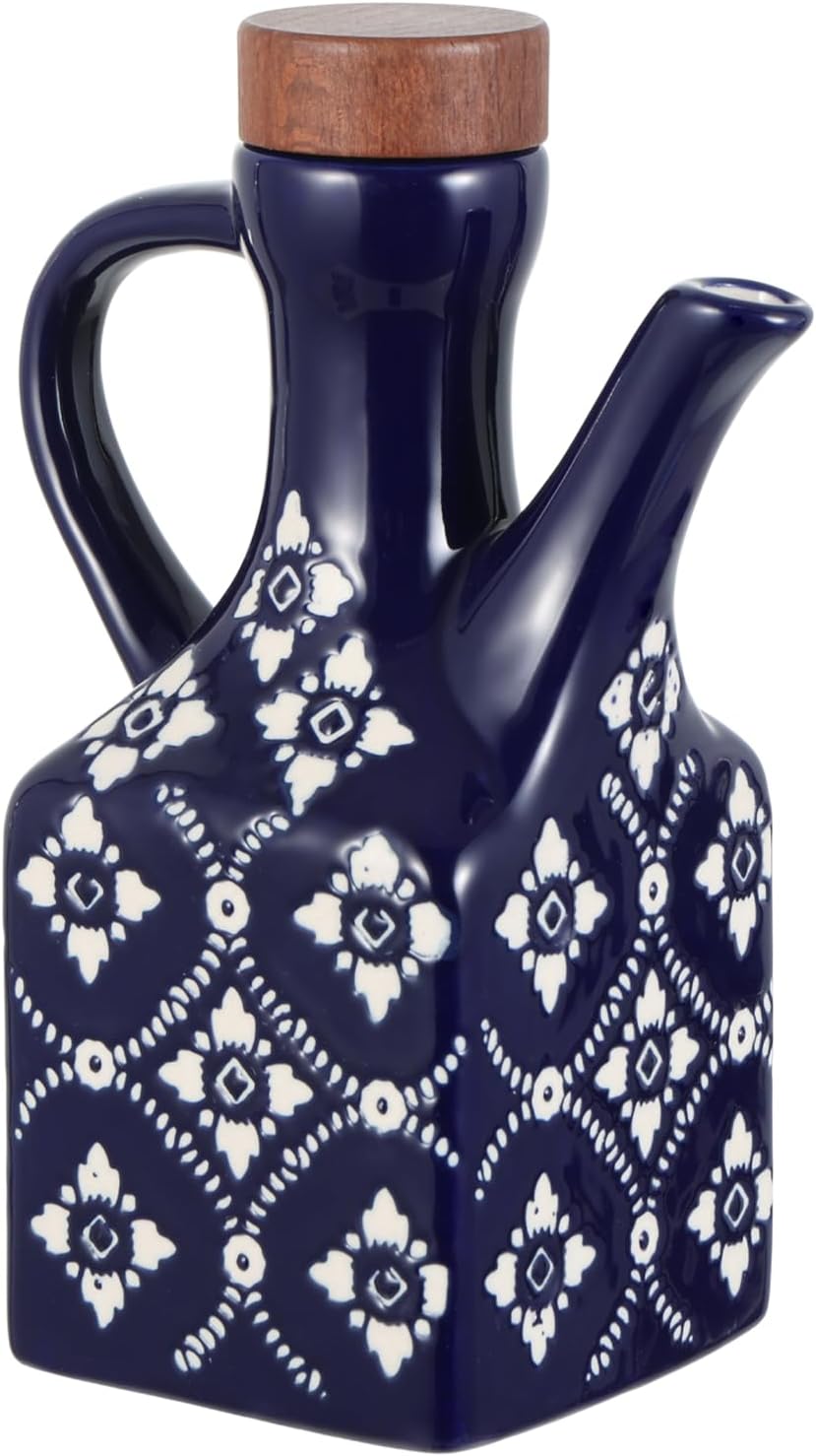8.5 oz Ceramic Olive Oil Dispenser Bottle Decorative Olive Oil Dispenser Bottle with Handle & Wooden Stopper Relief Opaque Ceramic Oil Cruet for Kitchen Cooking Oil Vinegar (Blue)