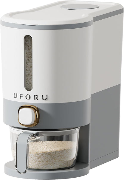 UFORU Rice Dispenser, Rice Storage Container with Measuring Cup for Kitchen Pantry Household, Dry Food Storage Containers Airtight, Sealed Moisture Proof (White 13Lbs)