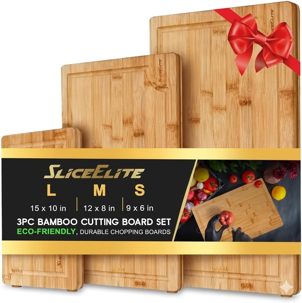 SliceElite Extra Large Bamboo Cutting Board Set 3 Piece End Grain Wooden Chopping Boards with Holder Non Slip Feet Juice Groove XL Butcher Block Style Boards for Kitchen Carving and Serving