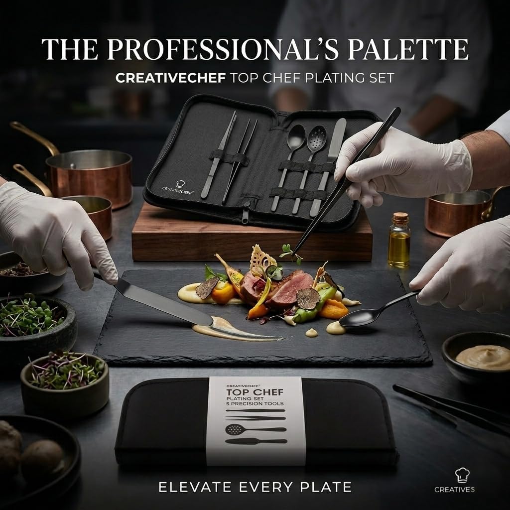 CREATIVECHEF Professional Chef Plating Kit, 5 Piece Culinary Plating Set, Silver, Stainless Steel (5 Piece, Silver) (Black)