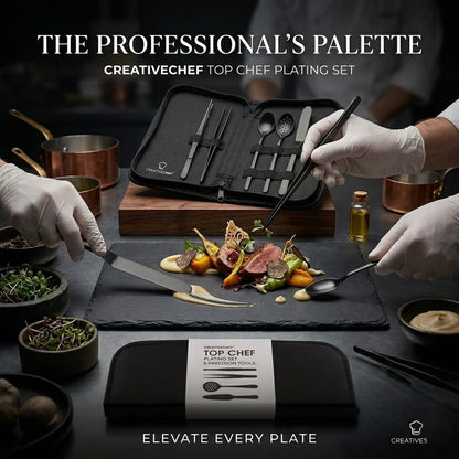 CREATIVECHEF Professional Chef Plating Kit, 5 Piece Culinary Plating Set, Silver, Stainless Steel (5 Piece, Silver) (Black)