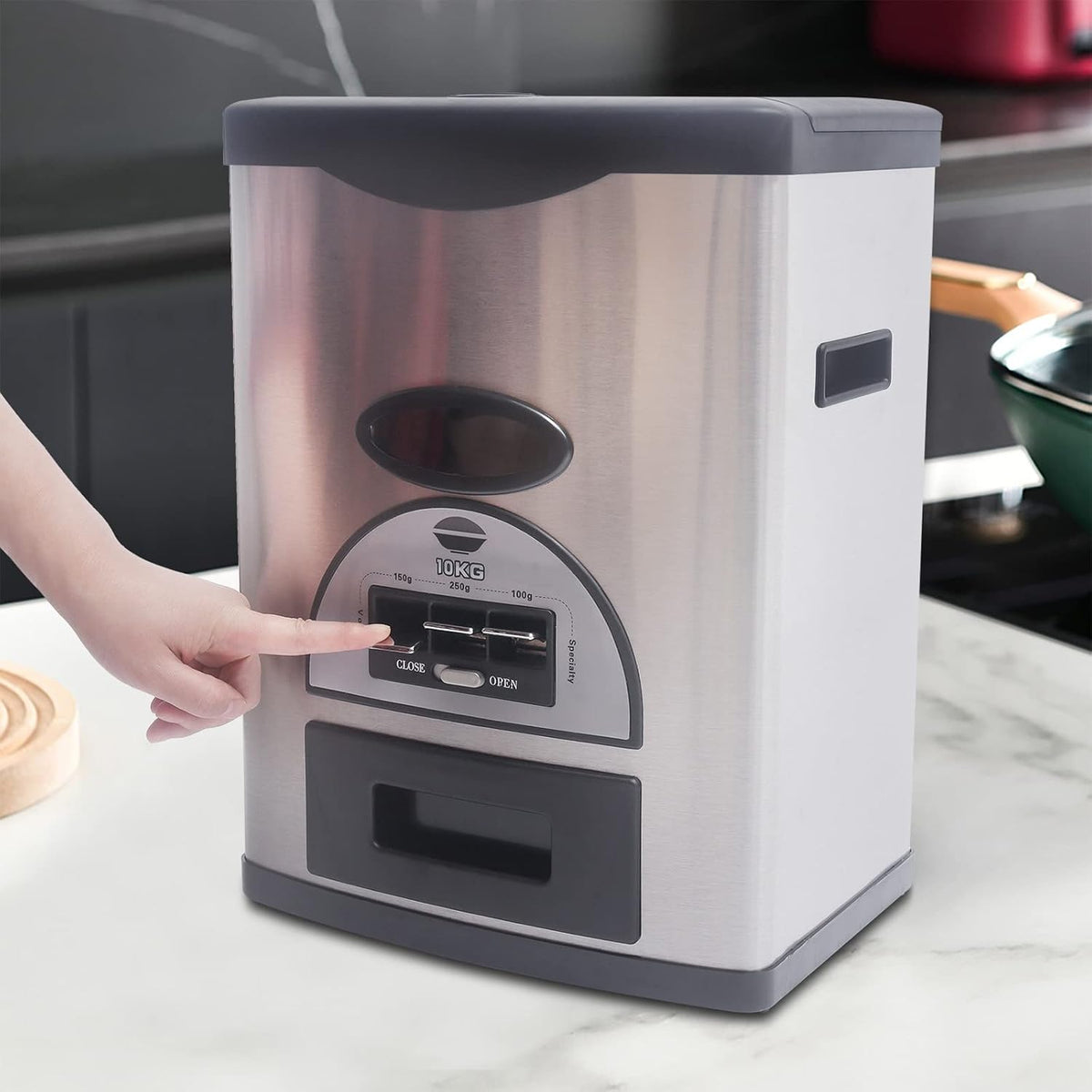 Auto Rice Dispenser Container, Stainless Steel Rice Dispenser, 15kg/33lb Large Capacity Automatic Rice Storage Container Kitchen Rice Dispenser Countertop, Silver
