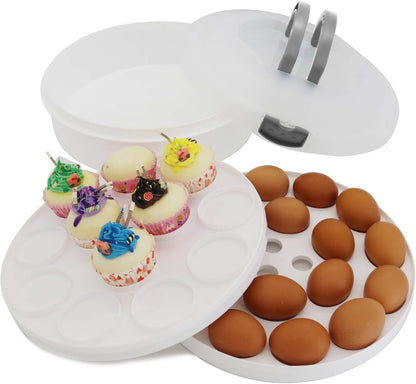 Portable Pie Cupcake Carrier with Lid and Tray 3-In-1 Round Cupcake Container Egg Holder Deviled Egg Tray Muffin Tart Cookie Food Keeper 10 Inch