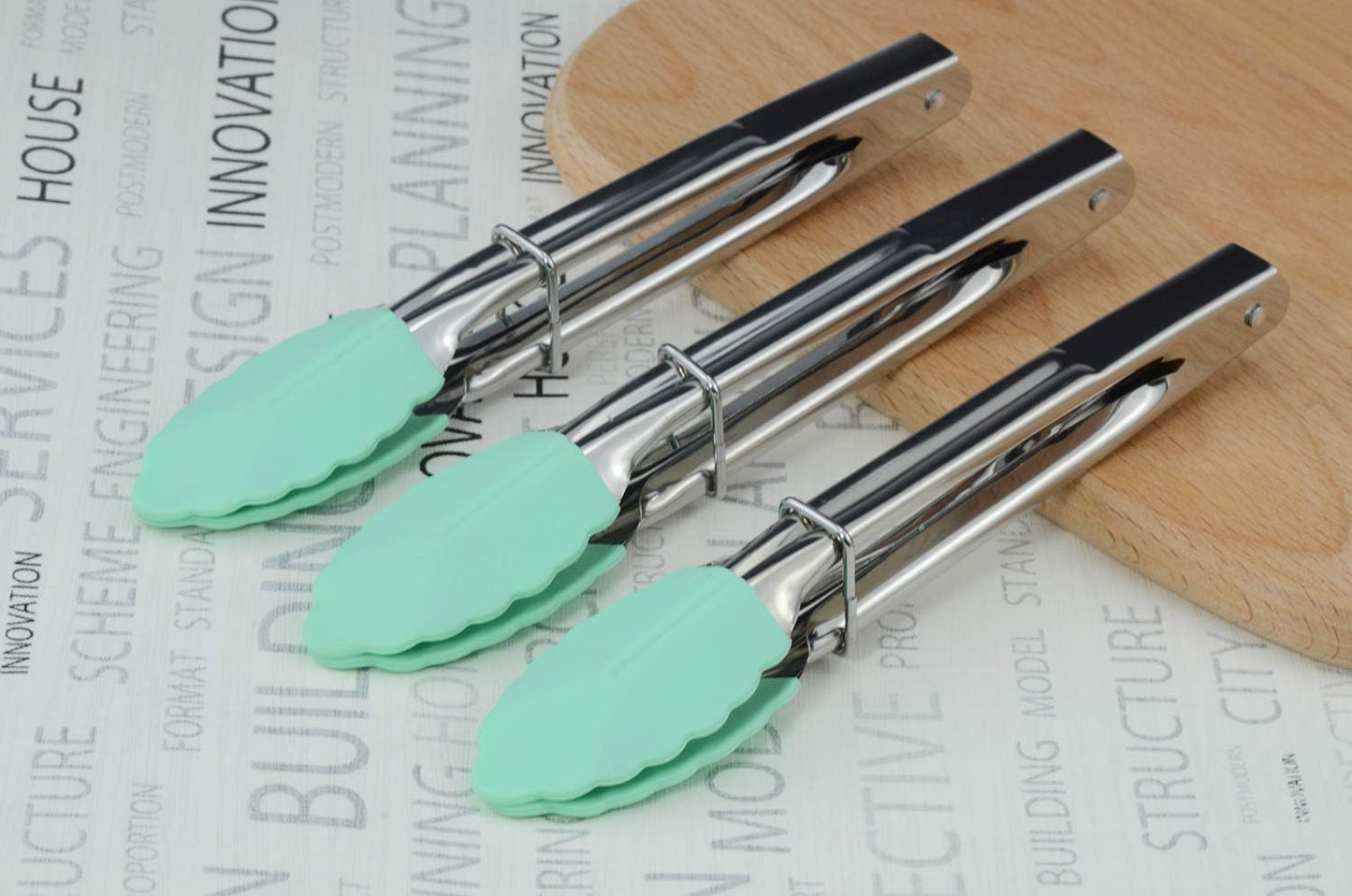 HINMAY Mini Stainless Steel Food Tongs with Silding Rings 7-Inch, Set of 6 | Small Clam Shell Service Tongs for Serving Appetizers, Desserts, Salads, Barbecue and Cooking (Silver)
