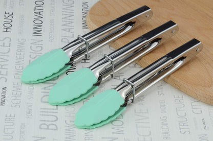 HINMAY Mini Stainless Steel Food Tongs with Silding Rings 7-Inch, Set of 6 | Small Clam Shell Service Tongs for Serving Appetizers, Desserts, Salads, Barbecue and Cooking (Silver)