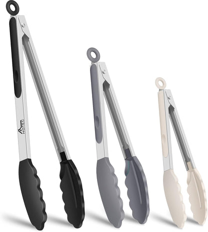 HOTEC Premium Stainless Steel Locking Kitchen Tongs with Silicon Tips, Set of 2-9" and 12"