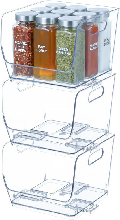 Basicwise Set of 3 Open-Front 16" Clear Storage Bins with Easy-Grip Handles Stackable Transparent Plastic Organizer Container for Pantry Cabinet Refrigerator Drawers Closets & Shelf Organization, XL