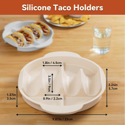 Silicone Taco Holders Set of 2: 4-Slot Reusable Taco Plates with 4 Dividers for Party Birthday Fiesta Hard Soft Shell Stand Upright Serving Tray Round with Handle for Kitchen Microwave Oven Air Fryer