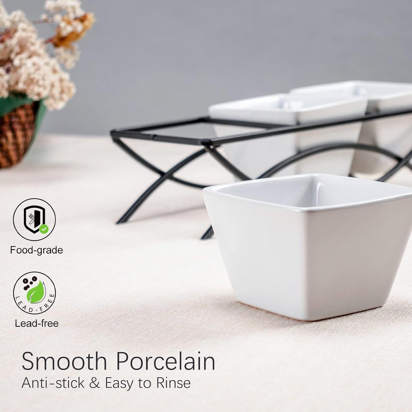 UNICASA Serving Bowls Set, 2 Tier Chip and Dip Bowls with Metal Rack Stand for Fruit, Salad, Candy, Snacks - Ceramic Tiered Appetizer Serving Dishes Food Display Stand for Parties, Kitchen