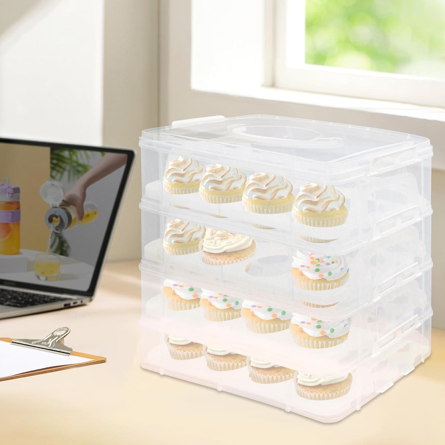 4 Tier 48 Plastic Cupcake Carrier, Detachable Cupcake Carrier Storage Container with Handle, Lid and Clear View Shell Stacking Cupcake Holder for Cake Fruits Salads Cookies Biscuits