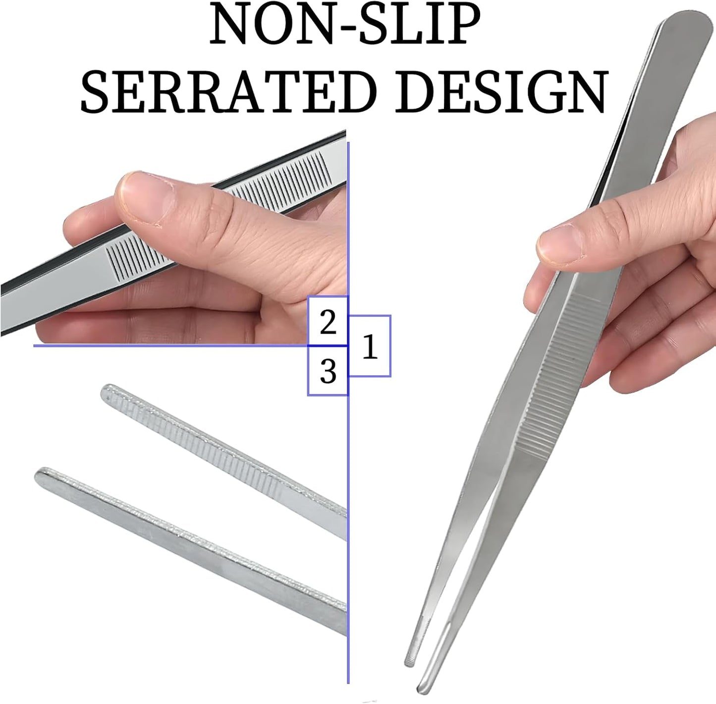 Bonsicoky 3Pcs Stainless Steel Tweezer Set (8" 10" 12") | Long Tweezers, Precision Serrated Straight Tips, Non-slip, For Cooking, Repairing, Medical, Garden