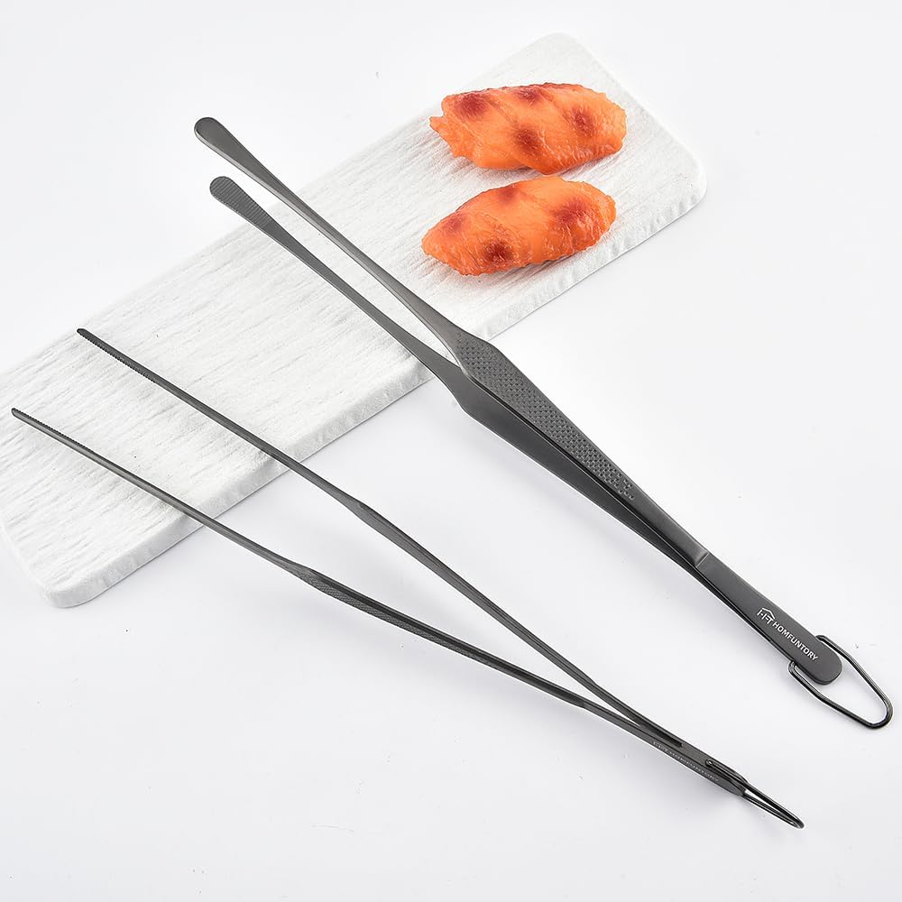 Stainless Steel Cooking Tweezers, 12-Inch Precision Kitchen Tweezers with Star Dot Texture, Wider Grip & Elevated Tips | Galaxy Grip Series, 2 Pcs (Black)