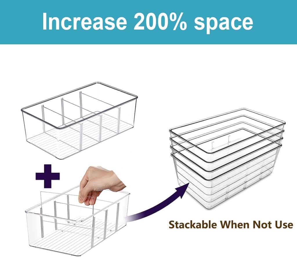 Set of 8 Pantry Organizers,2 Kinds Size Clear Plastic Organizer Bins for Kitchen,Fridge,Drawer Organization and Storage,4 compartment Snack Containers for Spice Packets,Tea bag