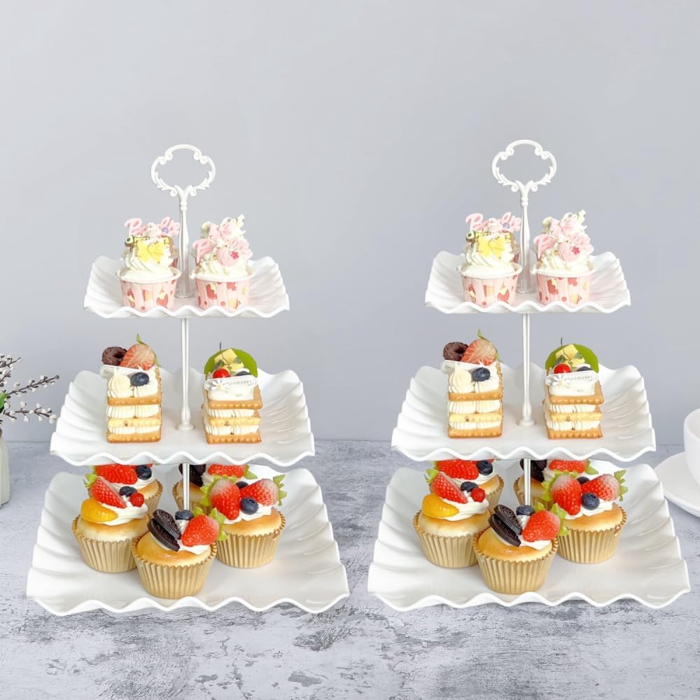 2 Pack of Plastic Square Dessert Cupcake Stand, 3 Tier Cup Cake Holder Tower for Tea Party/Birthday/Wedding, Plastic Tiered Serving Tray (Pink)